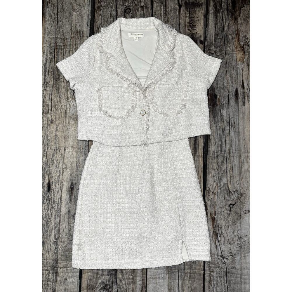 Thirty/Thirty LA Tweed Suit Cropped Jacket Dress Cream Ivory Womens Small